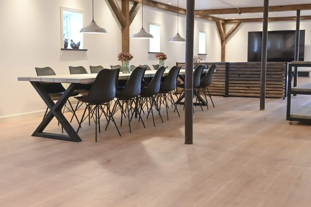 Langt spisebord med sorte stole i spisesalen på Horsemosegaard med fjernsyn